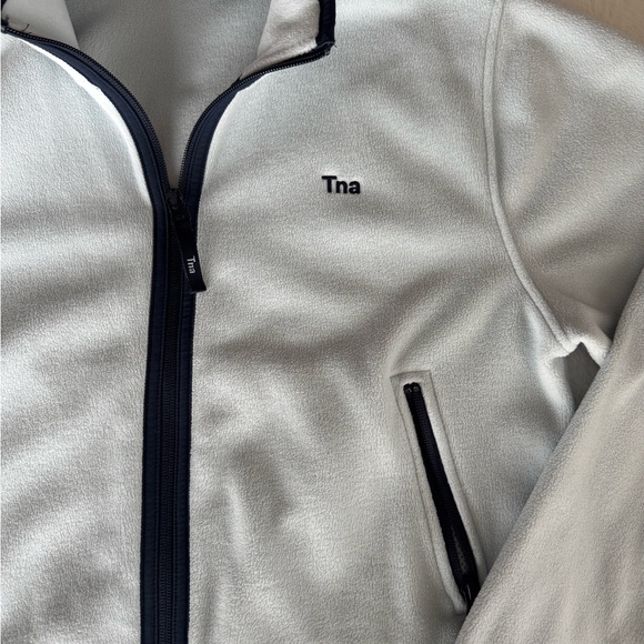 Aritzia TNA Light Blue Fleece Jacket with Navy Blue Trim - Picture 2 of 5